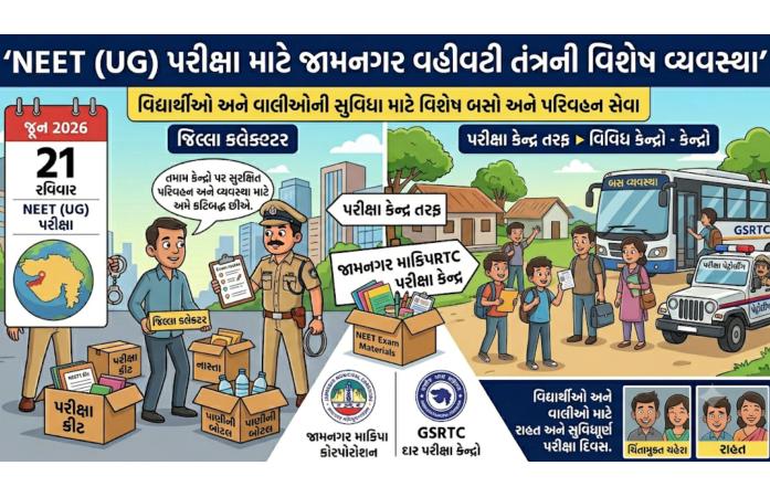 NEET (UG) પરીક્ષાર્થીઓ માટે જામનગર તંત્રની વિશેષ વ્યવસ્થા: એસ.ટી. બસ સ્ટેન્ડથી પરીક્ષા કેન્દ્રો સુધી મફત બસ સેવા ઉપલબ્ધ કરાશે.