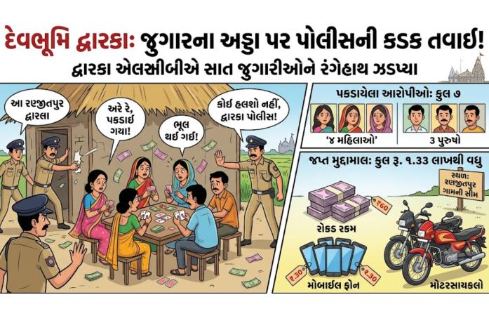રણજીતપુરમાં જુગારધામ પર પોલીસનો દરોડો: ચાર મહિલા સહિત સાત શખ્સ ઝડપાયા, રૂ. 1.33 લાખનો મુદ્દામાલ જપ્ત.