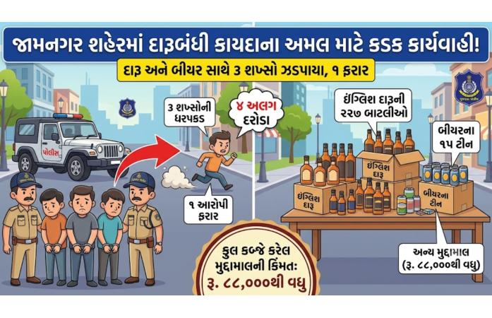 જામનગરમાં દારૂ વિરોધી ઝુંબેશ તેજ: રહેણાંક મકાનમાંથી 197 બાટલી દારૂ અને 15 બીયર ટીન મળી આવ્યા.