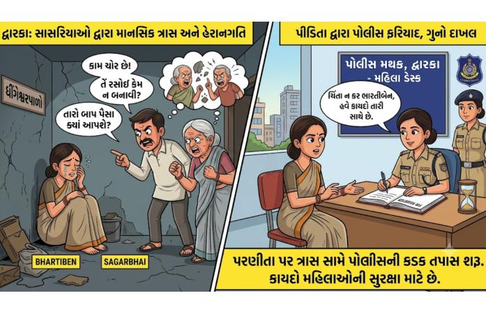 દ્વારકામાં પરણીતાને સાસરિયાઓ દ્વારા ત્રાસ આપવાના આક્ષેપ: પોલીસમાં ફરિયાદ નોંધાતા ગુનો દાખલ.
