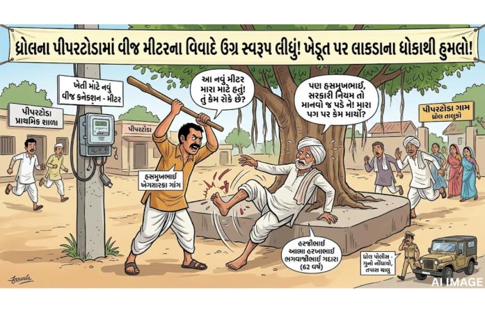 ધ્રોલના પીપરટોડા ગામે વીજ મીટરના વિવાદમાં વૃદ્ધ ખેડૂત પર ધોકાથી હુમલો, પોલીસ ફરિયાદ નોંધાઈ.