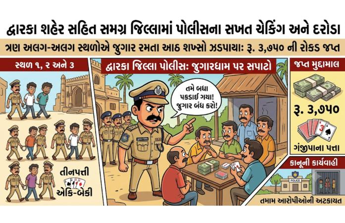 દ્વારકા શહેર-જિલ્લામાં જુગાર પર પોલીસે ત્રિપલ દરોડા : આઠ શખ્સ રોકડ સાથે ઝડપાયા, કાયદેસરની કાર્યવાહી શરૂ