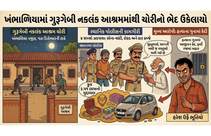 ખંભાળિયા ગુરુ ગેબી નકલંક આશ્રમ ઘરફોડ ચોરીનો ભેદ ઉકેલાયો : ચાર શખ્સ ઝડપાયા, રૂ. 3.51 લાખનો મુદ્દામાલ જપ્ત