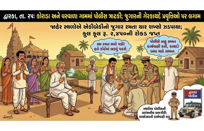 દ્વારકાના કોરાડા અને વરવાળામાં જુગાર વિરોધી કાર્યવાહી: એકીબેકી રમતા ચાર શખ્સ ઝડપાયા, રોકડ મુદ્દામાલ જપ્ત