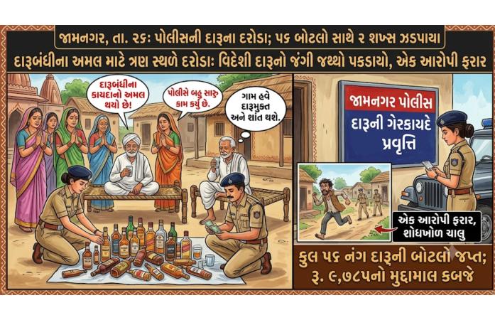 જામનગર શહેર-જિલ્લામાં દારૂબંધી કાયદાનો કડક અમલ: ત્રણ સ્થળે દરોડા, 56 બોટલ ઇંગ્લિશ દારૂ સાથે બે ઝડપાયા, એક ફરાર