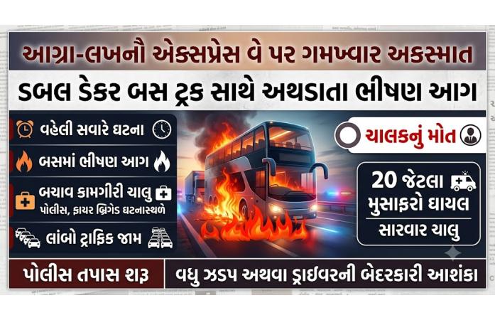આગ્રા-લખનૌ એક્સપ્રેસ વે પર ગમખ્વાર અકસ્માત: ડબલ ડેકર બસ ટ્રક સાથે અથડાતા ભીષણ આગ, ચાલકનું મોત, 20 જેટલા મુસાફરો ઘાયલ