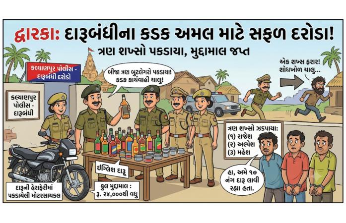 દ્વારકા જિલ્લામાં દારૂબંધી કાયદાનો કડક અમલ: ત્રણ સ્થળે દરોડા, 17 બોટલ ઇંગ્લિશ દારૂ સાથે ત્રણ ઝડપાયા, એક આરોપી ફરાર