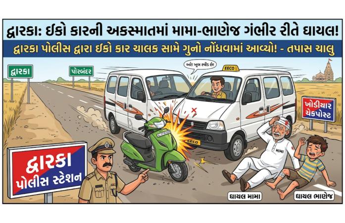 દ્વારકા નજીક ખોડીયાર ચેકપોસ્ટ પાસે ગમખ્વાર અકસ્માત: ઇકો કારની ટક્કરે એક્ટિવા સવાર મામા-ભાણેજ ઘાયલ, કારચાલક સામે ગુનો નોંધાયો