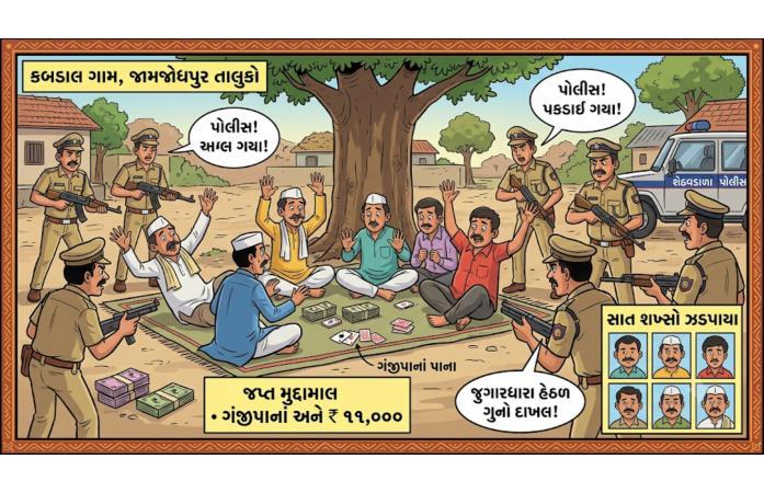 જામજોધપુરના કડબાલ ગામે જુગાર પર પોલીસનો દરોડો: સાત શખ્સ ઝડપાયા, રૂ. 11 હજારની રોકડ રકમ જપ્ત