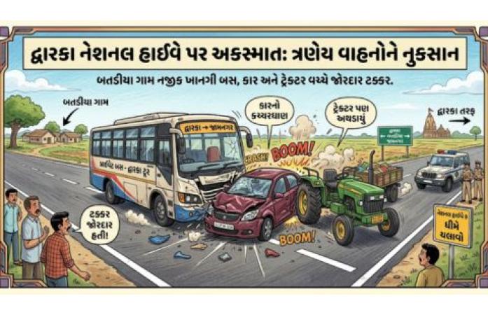 કલ્યાણપુરના બતડીયા પાસે ત્રિપલ અકસ્માત: કાર, ખાનગી બસ અને ટ્રેક્ટર વચ્ચે ધડાકાભેર ટક્કર, કાર ચાલકને સામાન્ય ઇજા; મોટી જાનહાનિ ટળી