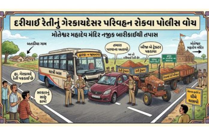 કલ્યાણપુરના લાંબા ગામે ગેરકાયદે રેતી ખનન સામે પોલીસની કાર્યવાહી: દરિયાઈ રેતી ભરેલું ટ્રેક્ટર જપ્ત, ચાલકની અટકાયત