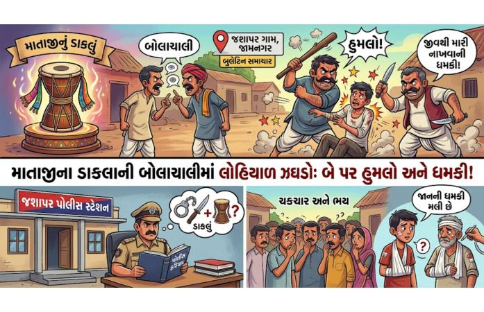 કાલાવડના જશાપર ગામે માતાજીનું ડાકલું લેવા બાબતે વિવાદ લોહિયાળ બન્યો: પિતા-પુત્ર પર લાકડાના ઘોકા અને છરીથી હુમલો, જાનથી મારી નાખવાની ધમકી.