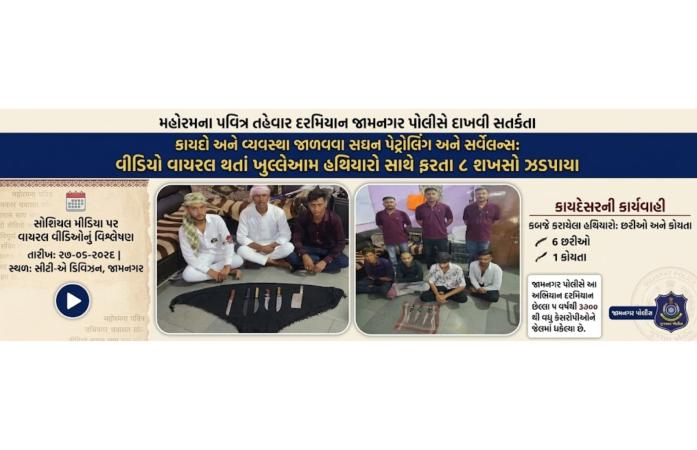 મહોરમ દરમિયાન જામનગર પોલીસની કડક કાર્યવાહી: જાહેરમાં છરી-કોયતા સાથે ફરતા 8 શખ્સો ઝડપાયા, સોશિયલ મીડિયા વીડિયો બન્યો પુરાવો.