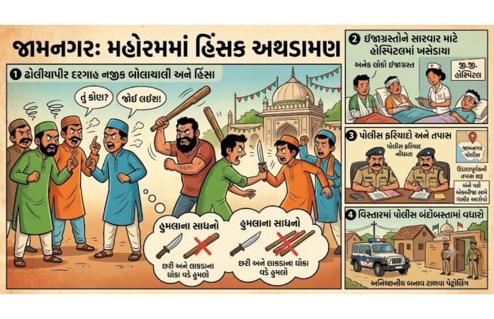 જામનગરમાં તાજિયા દરમિયાન હિંસક અથડામણ: બંને પક્ષે સામસામી ફરિયાદો, છરી-લાકડાના હુમલામાં અનેક ઘાયલ; લૂંટ અને એટ્રોસિટી સહિત ગંભીર કલમો હેઠળ ગુના નોંધાયા.
