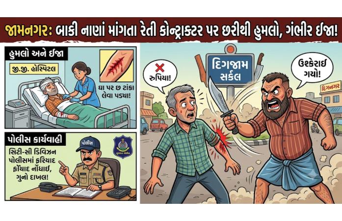 જામનગરમાં રેતીના રૂપિયા માંગતા કોન્ટ્રાક્ટર પર જીવલેણ હુમલો: ઉઘરાણી મુદ્દે બોલાચાલી બાદ છરીના બે ઘા ઝીંક્યા, જાનથી મારી નાખવાની ધમકી.