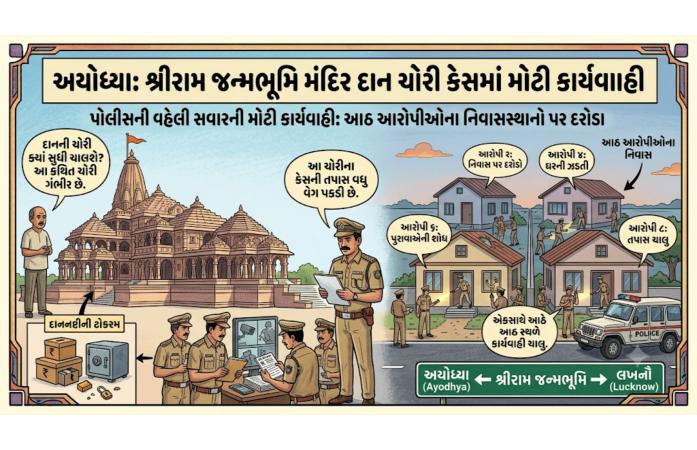 રામમંદિર દાનચોરી કેસમાં પોલીસની મોટી કાર્યવાહી: 8 આરોપીઓના ઘરે એકસાથે દરોડા, મુખ્ય આરોપી ટિન્નુનું ઘર બંધ મળ્યું