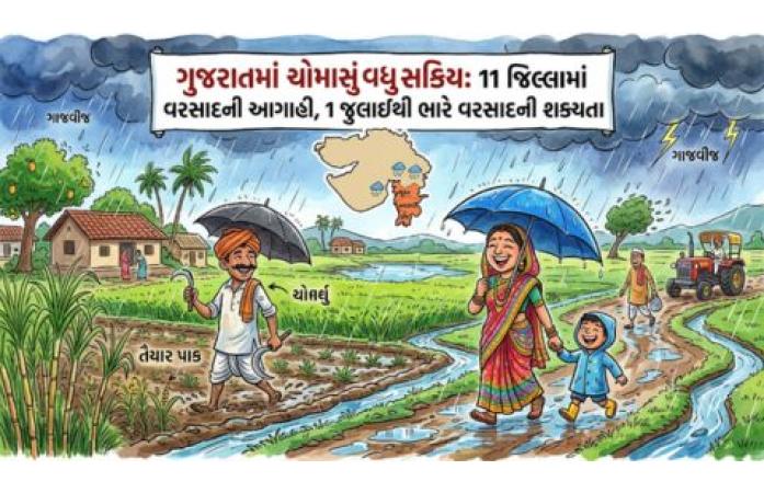ગુજરાતમાં ચોમાસું બનશે વધુ સક્રિય: આજે 11 જિલ્લામાં ગાજવીજ સાથે વરસાદની આગાહી,  શરૂઆતથી દક્ષિણ ગુજરાતમાં ભારે વરસાદનો રાઉન્ડ
