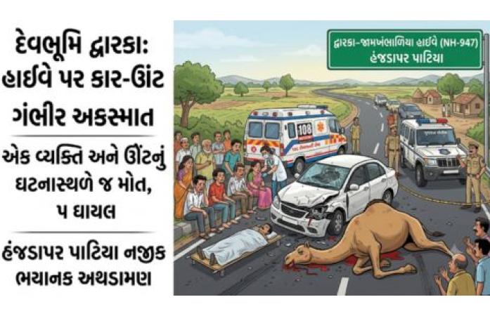 દ્વારકા-ખંભાળિયા હાઈવે પર કાર–ઊંટ અકસ્માત: 1નું મોત, 5 ઘાયલ