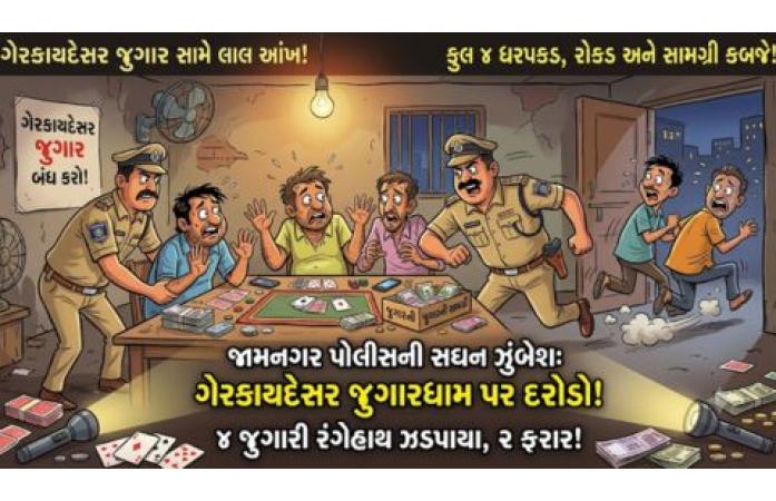 જામનગર જિલ્લામાં જુગાર વિરોધી ઝુંબેશ તેજ, ચાર જુગારીઓ ઝડપાયા, બે ફરાર, ચાર વિસ્તારોમાં પોલીસના દરોડા.