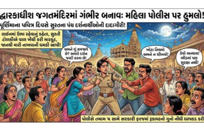 દ્વારકા જગતમંદિરમાં મહિલા પોલીસ કર્મચારી પર હુમલો: લાઈનમાં ઉભા રહેવા સમજાવતા સુરતના પાંચ દર્શનાર્થીઓ સામે ગુનો નોંધાયો.