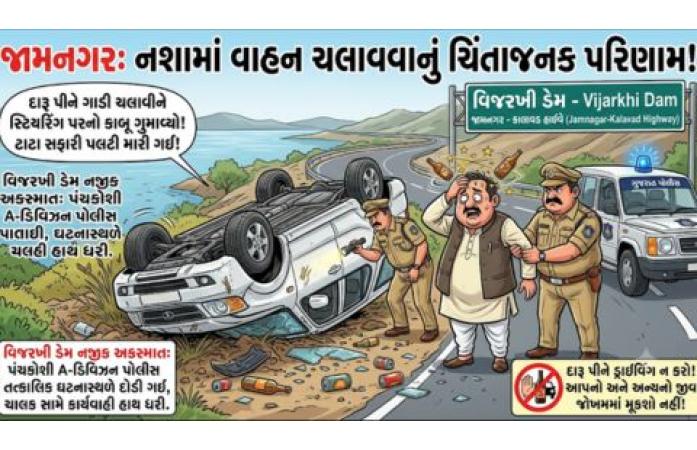 વિજરાખી  ડેમ પાસે નશામાં ધૂત વેપારીની કાર પલટી: સદનસીબે જાનહાનિ ટળી, પંચકોશી એ-ડિવિઝન પોલીસે ગુનો નોંધી કાર્યવાહી હાથ ધરી