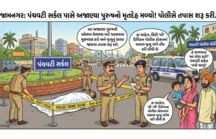 જામનગરના પંચવટી સર્કલ પાસે અજાણ્યા પુરુષનો મૃતદેહ મળ્યો, પોલીસે ઓળખ માટે તપાસ શરૂ કરી.
