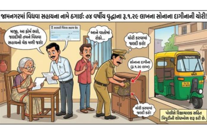 વિધવા સહાયના નામે વિશ્વાસઘાત: જામનગરમાં 74 વર્ષીય વૃદ્ધાના ઘરમાં ઘૂસી રૂ.1.29 લાખના સોનાના દાગીના ચોરી, રિક્ષાચાલક સહિત ત્રણ સામે ફરિયાદ.