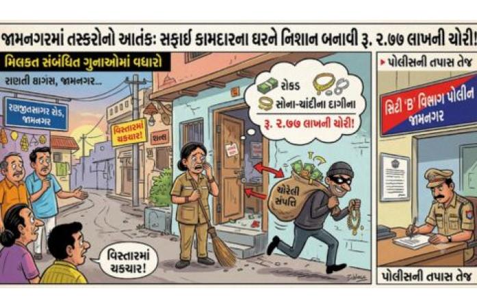 બંધ મકાનને તસ્કરોનું નિશાન: જામનગરમાં મહિલા સફાઈ કામદારના ઘરમાંથી રૂ. 2.77 લાખની રોકડ અને દાગીનાની ચોરી.
