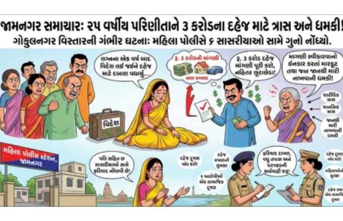જામનગરમાં દહેજ માટે રૂ. 3 કરોડની માંગણીનો ગંભીર આક્ષેપ: પરણીતાએ પતિ સહિત છ સાસરીયાઓ સામે નોંધાવી ફરિયાદ.