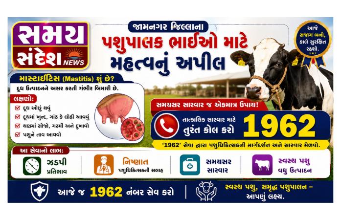 જામનગર જિલ્લામાં પશુપાલકો માટે મહત્વની અપીલ: દૂધ ઉત્પાદનને અસર કરતા ‘મસ્ટાઇટીસ’ રોગ સામે સજાગ રહો.