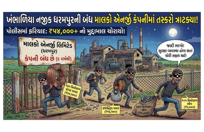 ખંભાળિયાના ધરમપુરમાં બંધ પડેલી ખાનગી કંપનીને તસ્કરોએ નિશાન બનાવી: રૂ. 54 હજારથી વધુનો કોપર વાયર, ઇલેક્ટ્રિક વાયર અને સ્ક્રેપ ચોરી.