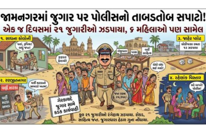 જામનગરમાં જુગાર પર પોલીસનો મોટો પ્રહાર: ચાર સ્થળે દરોડા, ૬ મહિલા સહિત ૨૧ જુગારીઓ ઝડપાયા, રૂ. ૬૫ હજારથી વધુનો મુદ્દામાલ કબજે.