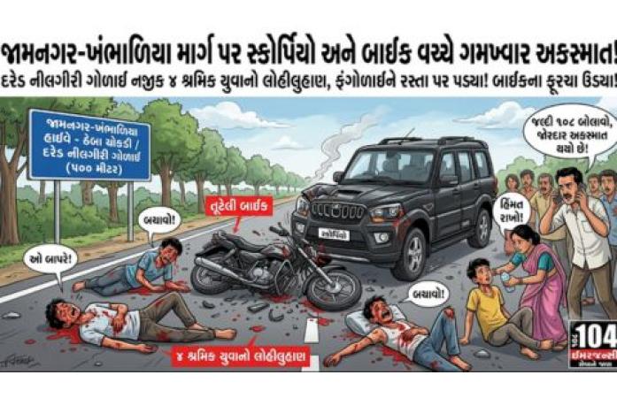 ઠેબા ચોકડી પાસે ગમખ્વાર અકસ્માત: સ્કોર્પિયો-બાઈક અથડામણમાં શ્રમિક યુવાનનું મોત, ત્રણ ઘાયલ; પોલીસ તપાસ શરૂ.