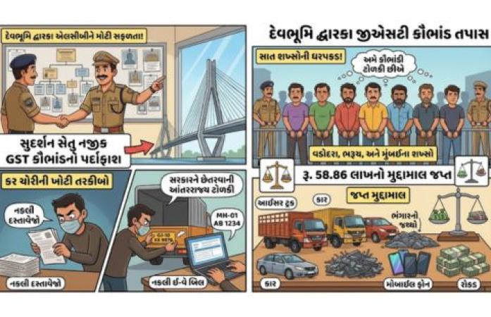 ઓખાના સુદર્શન સેતુ પાસે પર્દાફાશ થયેલા જીએસટી કૌભાંડમાં મોટો ખુલાસો: વડોદરા, ભરૂચ અને મુંબઈના 7 શખ્સ એલસીબીના હાથે ઝડપાયા.