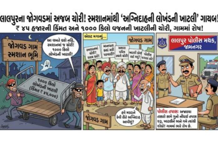 જામનગરના જોગવડ ગામના સ્મશાનમાંથી 1 હજાર કિલોની લોખંડની ખાટલી ચોરાઈ, રૂ. 45 હજારની ચોરીથી ગ્રામજનોમાં રોષ.