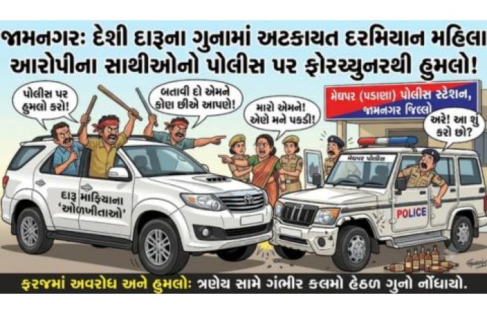 પડાણામાં દારૂના કેસમાં મહિલા આરોપીને છોડાવવા પોલીસ પર હુમલો: ફોરચ્યુનર કારથી ટક્કર મારી ફરજમાં અવરોધ, ત્રણ સામે ગંભીર ગુનો.