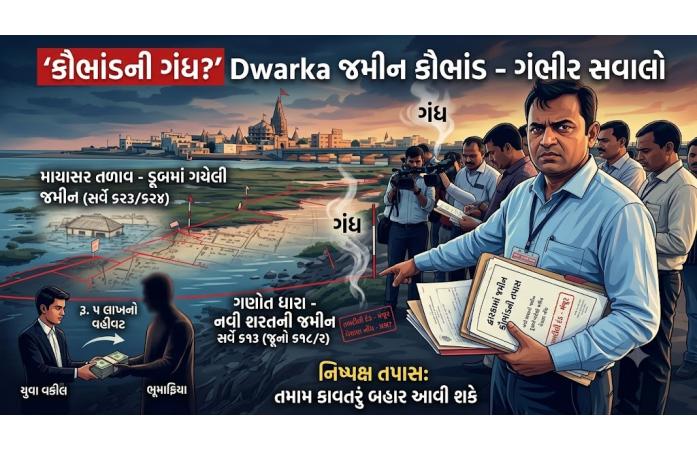 દ્વારકામાં જમીન કૌભાંડની ગંધ? નવી શરતની જમીન, ડૂબમાં ગયેલી જમીન અને વેચાણ નોંધને લઈને ગંભીર સવાલો.