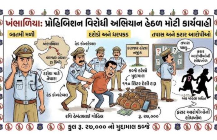 ખંભાળિયા નજીક ૧૧૦ લિટર દેશી દારૂ સાથે એક શખ્સ ઝડપાયો, મહિલા સહિત બે ફરાર.