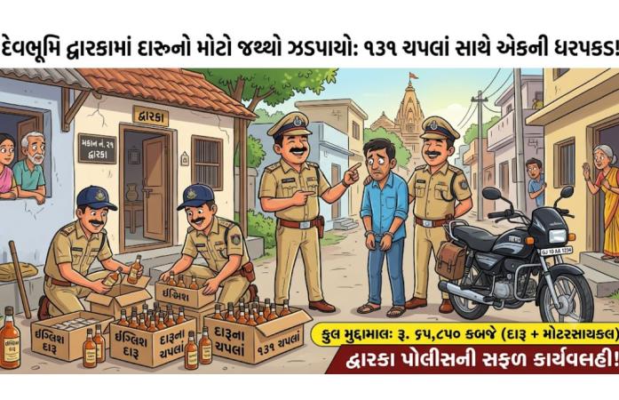 દ્વારકામાં રહેણાંક મકાનમાંથી ઇંગ્લિશ દારૂનો જથ્થો ઝડપાયો: 131 ચપલાં સાથે શખ્સની ધરપકડ, દારૂ અને મોટરસાયકલ સહિત રૂ. 65 હજારથી વધુનો મુદ્દામાલ જપ્ત.