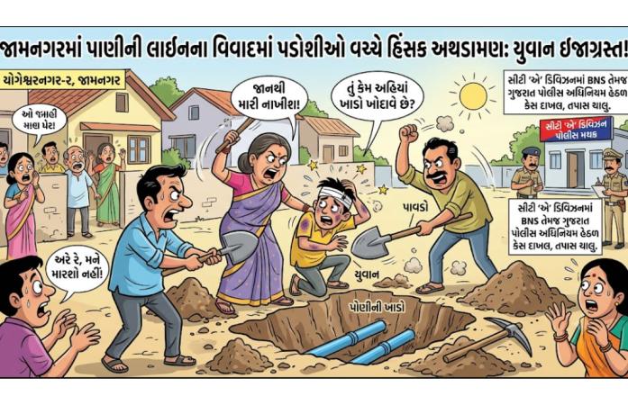 જામનગરમાં પાણીની લાઇન માટે ખાડો ખોદવાના મુદ્દે વિવાદ ઉગ્ર બન્યો: મહિલા સહિત ત્રણ સામે હુમલો અને જાનથી મારી નાખવાની ધમકીનો ગુનો નોંધાયો