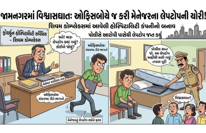 જામનગરમાં ઓફિસબોયની કરતૂતનો પર્દાફાશ: મેનેજરનું ચોરાયેલું લેપટોપ રહેણાંક રૂમમાંથી મળી આવ્યું.