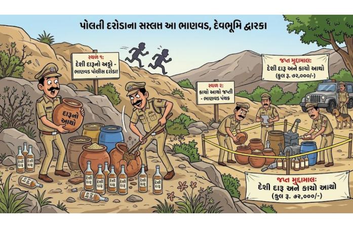 ભાણવડના ડુંગરાળ વિસ્તારમાં દેશી દારૂના અડ્ડા પર પોલીસનો સપાટો