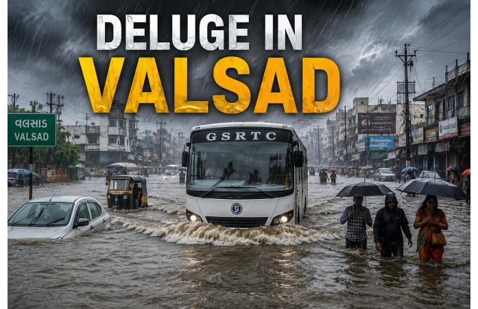વલસાડમાં જળપ્રલય: 24 વર્ષનો વરસાદનો રેકોર્ડ તૂટ્યો, ઉમરગામમાં 28 કલાકમાં 43 ઇંચ વરસાદ; શાળા-કોલેજોમાં રજાની જાહેરાત.