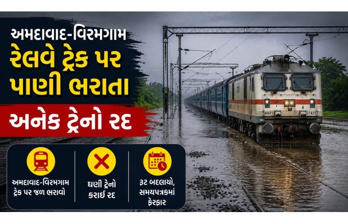 અમદાવાદ–વિરમગામ રેલવે ટ્રેક પર વરસાદી પાણીનો પ્રભાવ: અનેક ટ્રેનો રદ, રૂટ બદલાયા, દુરંતોના સમયમાં ફેરફાર.