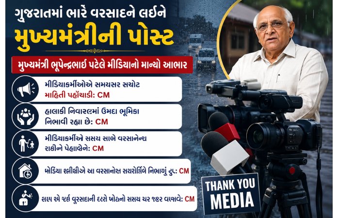 ભારે વરસાદ વચ્ચે મીડિયાની જનસેવાને મુખ્યમંત્રીનો સલામ, ભૂપેન્દ્ર પટેલે વ્યક્ત કર્યો આભાર