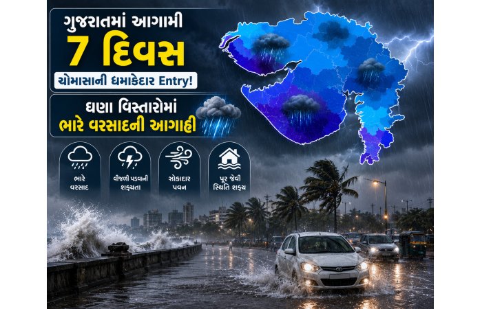 ગુજરાતમાં આગામી 7 દિવસ મેઘરાજાની ધમાકેદાર એન્ટ્રી! અનેક વિસ્તારોમાં ભારે વરસાદની આગાહી.