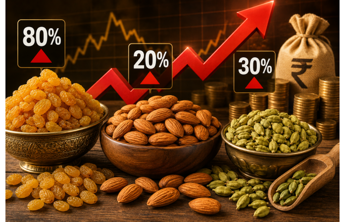 સુકામેવાના ભાવમાં ભડકો: કિસમિસ 80%, બદામ 20% અને એલચી 30% મોંઘી.