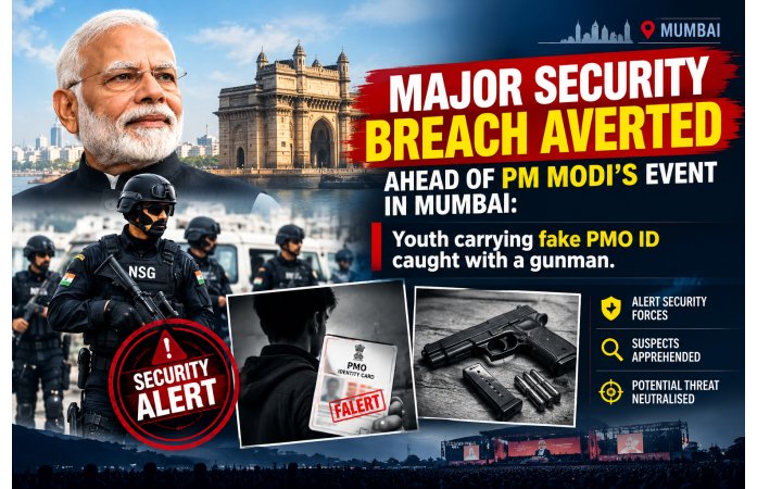 મુંબઈમાં PM મોદીના કાર્યક્રમ પહેલાં સુરક્ષામાં મોટો ભંગ ટળ્યો: PMOનું નકલી ID ધરાવતો યુવક ગનમેન સાથે ઝડપાયો.