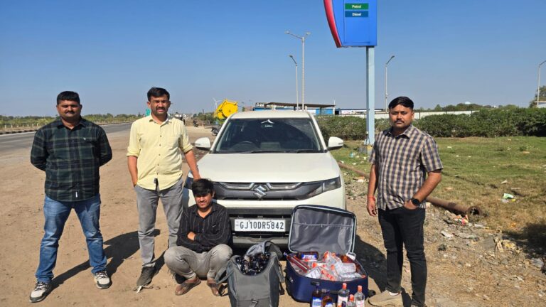 તારાણા પાસે LCBનો દરોડો: કારમાંથી 245 બોટલ ઇંગ્લિશ દારૂ સાથે ₹7.02 લાખનો મુદ્દામાલ જપ્ત