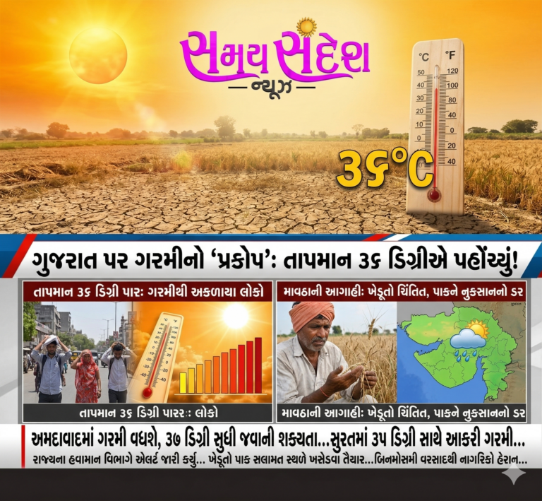 સમગ્ર ગુજરાતમાં ઉકળાટનો અહેસાસ — તાપમાન ૩૬ ડિગ્રી સુધી પહોંચ્યું, માવઠાની આગાહીથી ખેડૂતોમાં ચિંતાનો માહોલ.